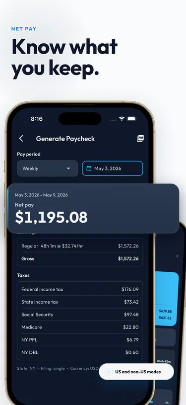 Know what you keep. The paycheck screen showing $1,195.08 weekly net pay after federal, state, and payroll taxes.