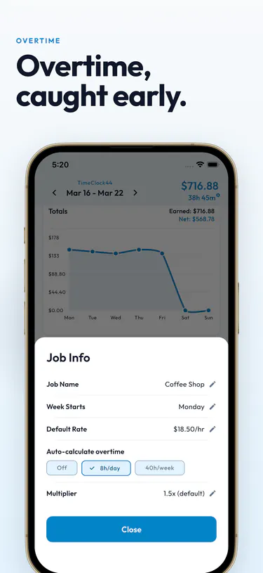 Overtime, caught early. Job settings with overtime calculated automatically after 8 hours a day at 1.5 times the rate.