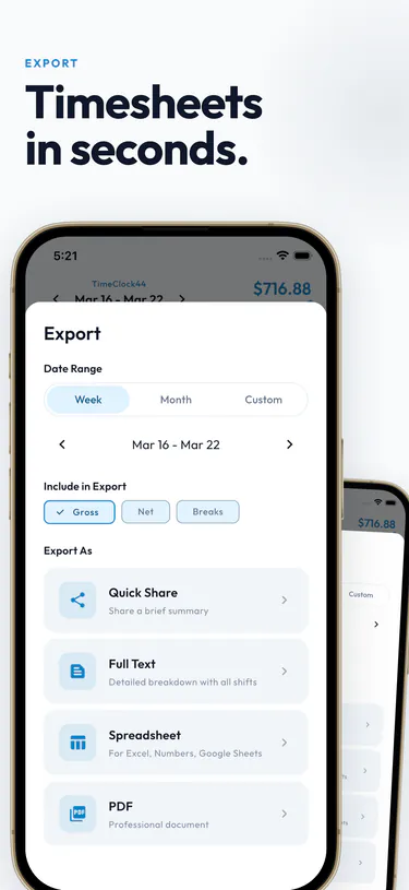 Timesheets in seconds. Export options for a date range: Quick Share, Full Text, Spreadsheet, and PDF.