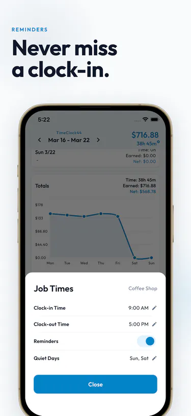 Never miss a clock-in. Job times set to 9:00 AM and 5:00 PM with reminders on and quiet days on weekends.