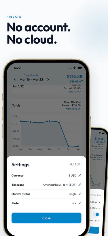 No account. No cloud. The settings screen for currency, time zone, marital status, and state.